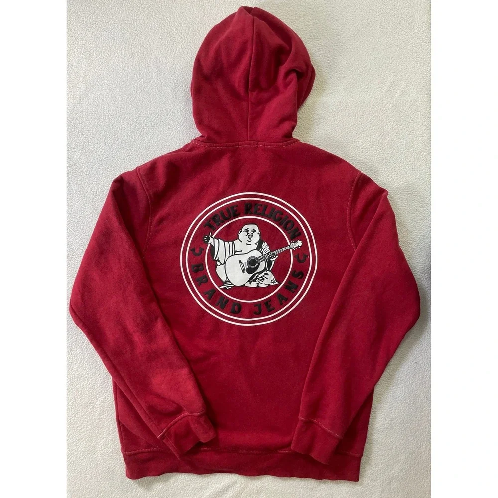 True Religion Mens Large Zip Hoodie Red Buddha Logo Back Graphic Sweatshirt